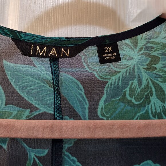 Iman: 3-Piece Blue-Green Floral Pant Set, Size 2X (Duster, Tank & Pull-On Pants) - Picture 14 of 15